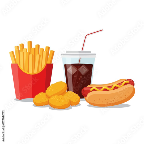 Fast food meal with french fries, chicken nuggets, hot dog and soda