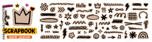 Scrapbook elements with crayon textures. Chalk cutout kids scribble shapes and brush lines doodle set. Hand drawn check mark, arrows, stars and hearts in sketch style. Vector illustration