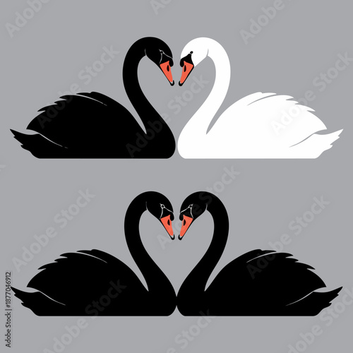 Two pairs of elegant swans with gracefully curved necks forming heart shapes symbolize eternal love commitment and the duality of contrasting partners against a simple background