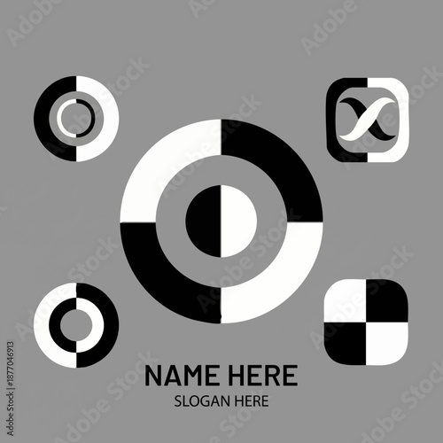 Abstract set of black and white geometric logo designs featuring circular and square shapes for branding concepts presentation template illustration.