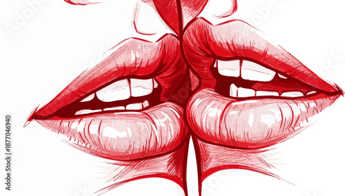 Stylized illustration captures a dramatic close-up of two pairs of vibrant red lips nearly touching in an intense moment suggesting passion romance or a passionate connection between individuals