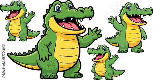Collection of happy cartoon alligator characters in various sizes waving hello with bright green skin and smiling wide mouths set against a dark background