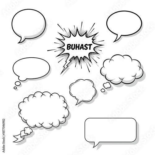 Collection of various speech and thought bubbles with 'BUHAST' sound effect