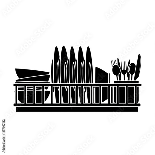 Black and white illustration of various utensils on a dish rack