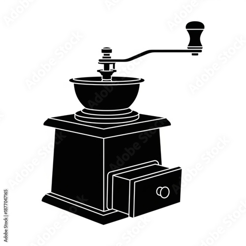 Black and white illustration of a vintage manual coffee grinder machine