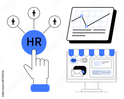 HR selection with hand pointing at blue node, analytics graph on screen, and e-commerce interface. Ideal for HR, data analytics, online business, recruitment, marketing, growth flat metaphor