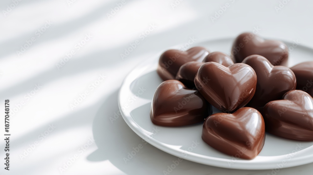 Fototapeta premium Assorted smooth milk and dark chocolate heart candies on a white plate with soft shadows and natural light