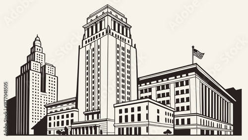 Houston and cleveland cityscape contrast, featuring american flag, suitable for travel websites, patriotic themes, urban landscapes, or architectural publications.