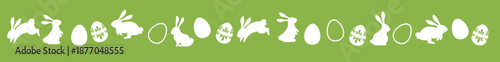 Easter border silhouette with rabbits and decorated eggs. Seamless horizontal garland divider for spring holiday design. Black vector icons isolated on white background.