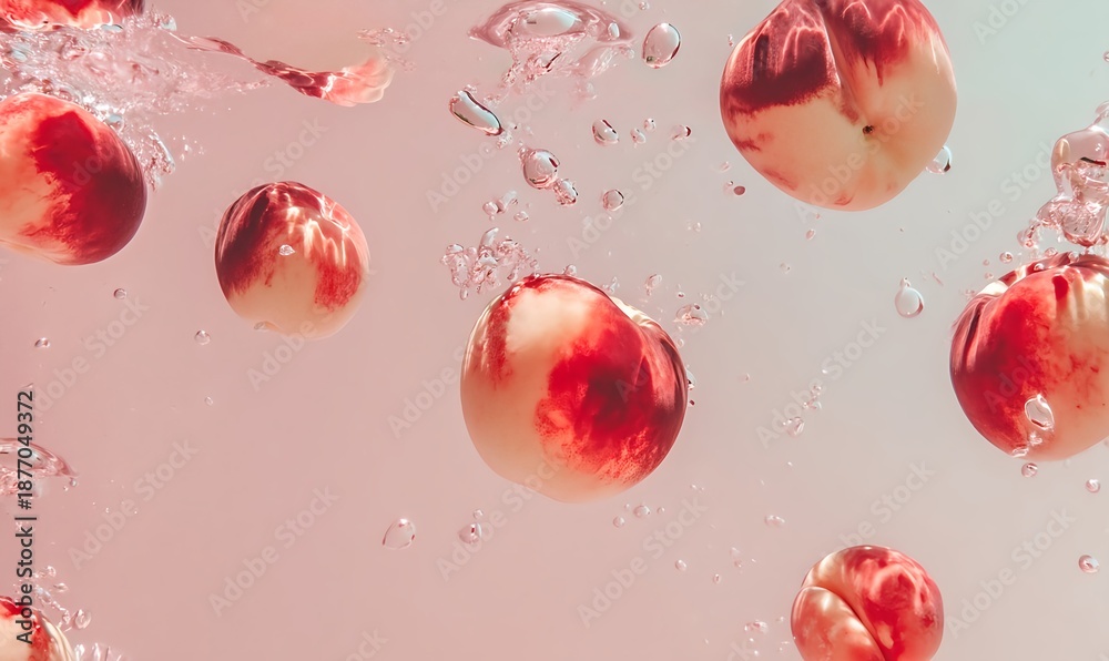 Fototapeta premium Fresh peaches floating in rippled clear water with soft summer light
