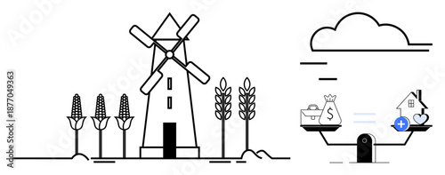 Agriculture theme. Windmill, wheat, and corn sustainable farming practices. Agriculture balances economy and resources through visual elements of money and property. For farming, sustainability