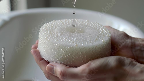 Detailed close up of water pouring from a tap onto a white, textured sponge held in a persons hands over a sink, creating an oddly satisfying and tactile sensory experience for advertising. asmr
