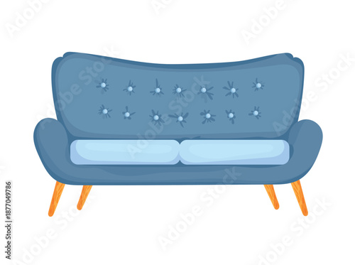 Blue sofa. Flat vector clipart, illustration with isolated background.