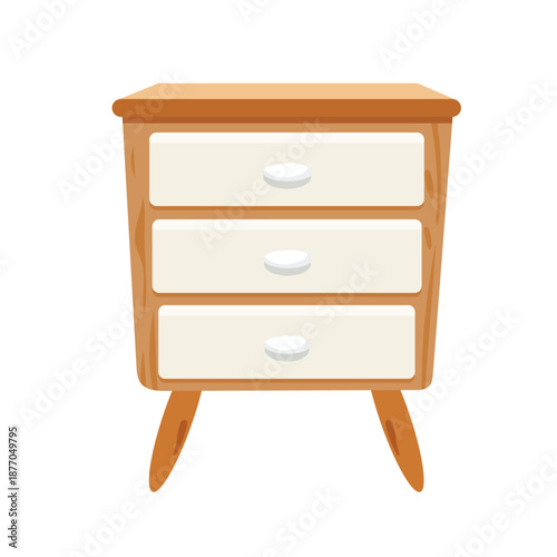 Wooden side table with white drawers. Flat vector clipart, illustration with isolated background.