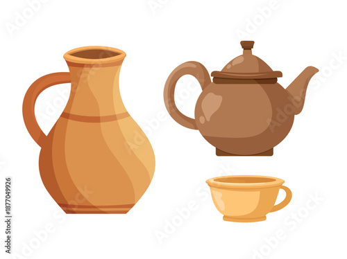 Vintage clay dishes. Flat vector clipart, illustration with isolated background.