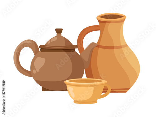 Vintage clay dishes. Flat vector clipart, illustration with isolated background.