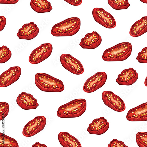 Sun-dried tomatoes seamless pattern. Flat vector clipart, illustration with isolated background.