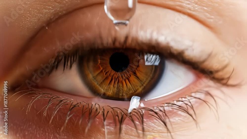 Extreme close up of a brown human eye receiving a clear drop from a pipette, illustrating ophthalmic treatment, moisturizing eye care, vision health and clinical instillation procedure