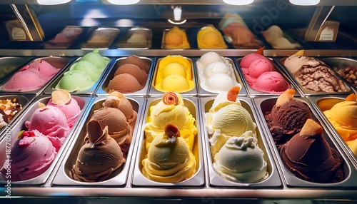 Many Flavors Of Ice Cream In An Ice Cream Serving Counter Parlor