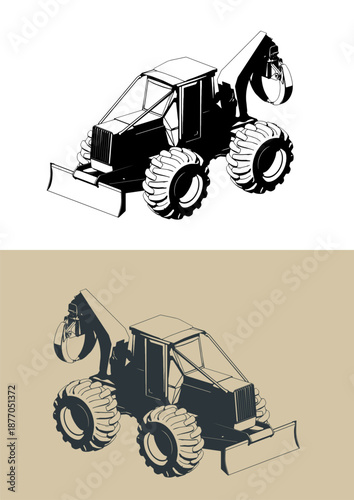 Forestry skidder with grab isometric illustrations