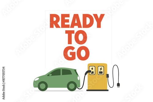 Electric vehicle charging ready with illustrative green car and charging station