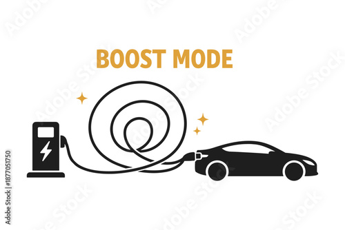 Electric car charging with boost mode feature and stylized cable loop illustration