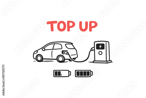 Electric car charging at station with battery status indicators