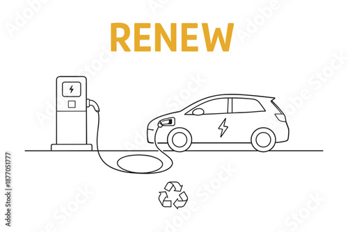 Electric car charging station with renewable energy symbol and cable connection