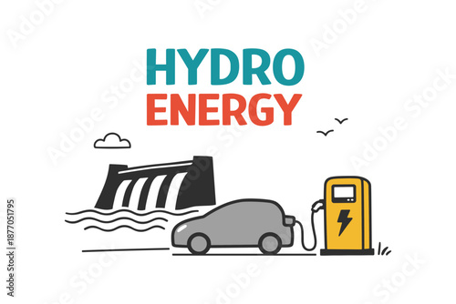 Hydro energy illustration: car charging with renewable power