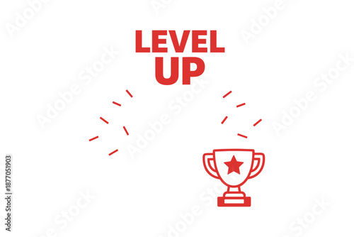 Level up achievement with red trophy icon on white background