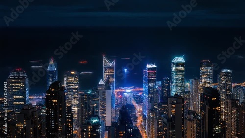 Distant city skyline at night with illuminated skyscrapers and a glowing object ascending into the sky