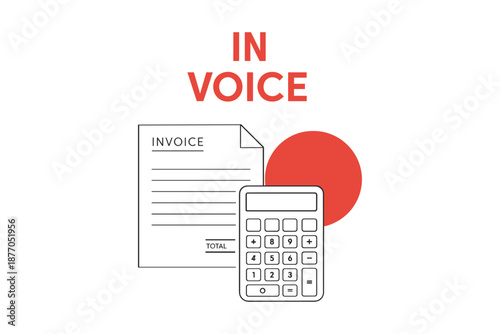 Invoice document and calculator icon with red circle graphic