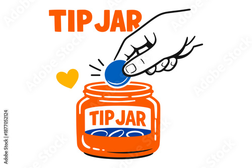 Hand dropping coin into tip jar with heart symbol design