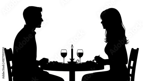 Silhouette of a romantic couple dining at a candlelit table together
