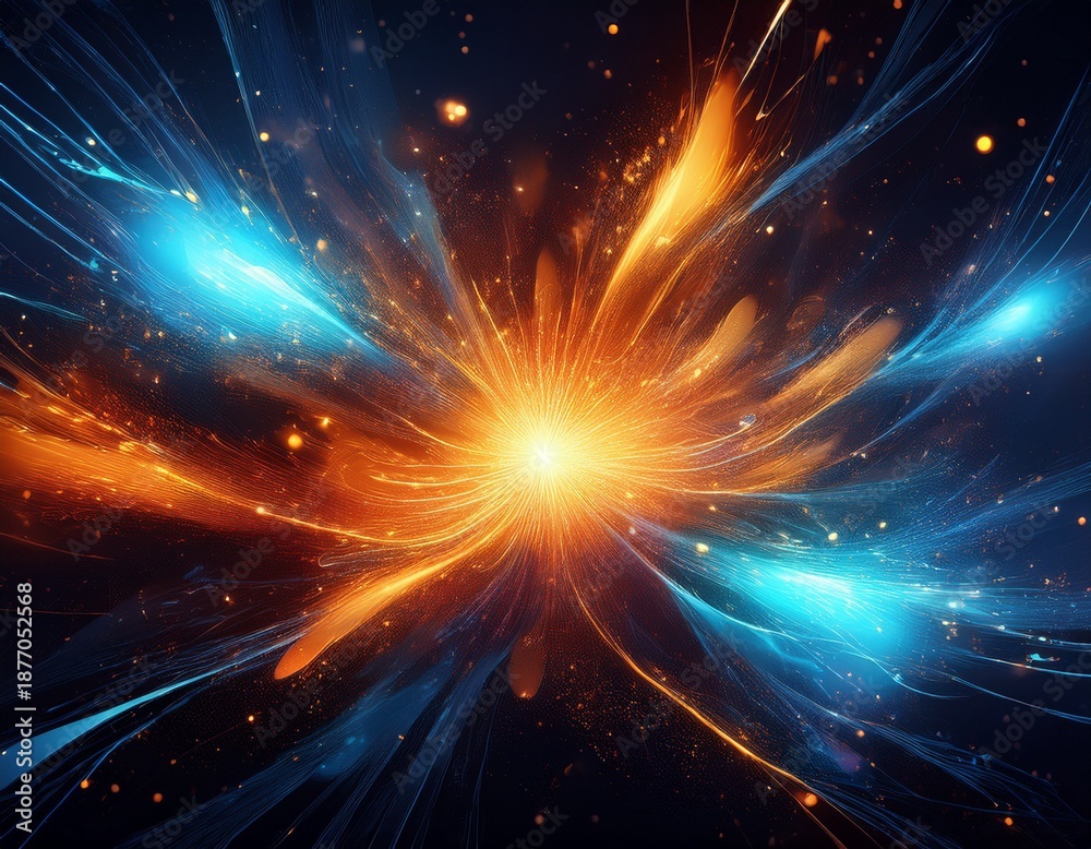 Obraz premium abstract digital explosion with vibrant blue and orange energy particles on a deep black background
