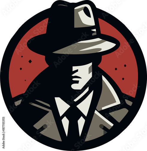 Silhouette Detective in Fedora Hat and Trench Coat, Noir Mystery Emblem in Red Black Circle Vector