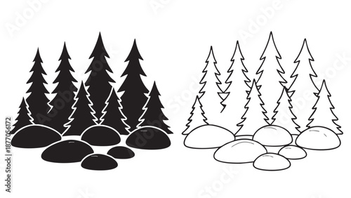 Vector illustration of a festive abstract winter background featuring golden leaves and green fir trees for a Christmas holiday celebration