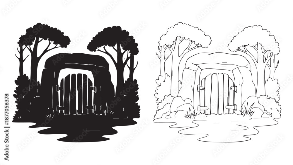 Naklejka premium Grunge ink vector illustration of a silhouette tree integrated into an ancient city pattern with paint elements and a barcode design concept