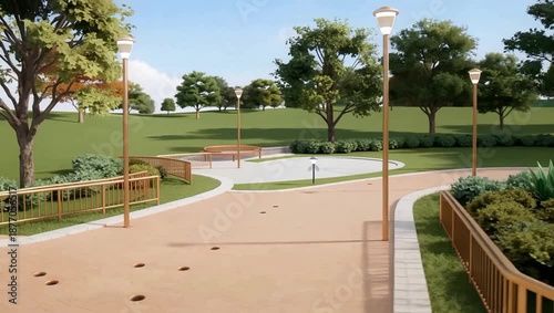 Sunny Park Pathways with Curving Walkways and Trees.