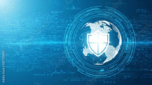 Global Cyber Security Shield on Digital World Map