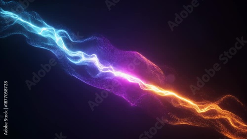 Abstract blue background with glowing electric lightning and fractal plasma waves in a motion of energy and light