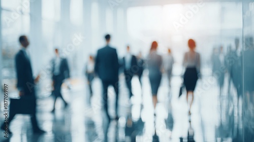 Wallpaper Mural Blurry businesspeople walking in modern bright office corridor with glass walls Torontodigital.ca