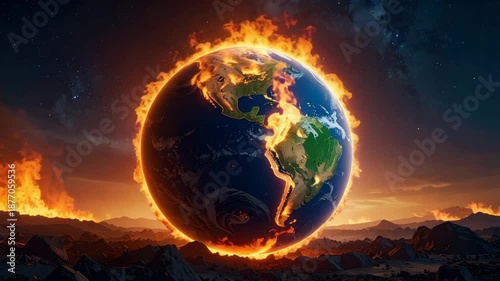 Planet Earth engulfed in flames, apocalyptic global warming concept
