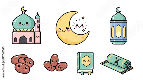 Ramadan Cartoon Icons Mosque Crescent Dates.