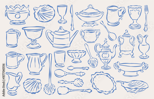 Kitchen essentials sketch style doodle collection. Art for postcards, menu, print posters, packaging design.