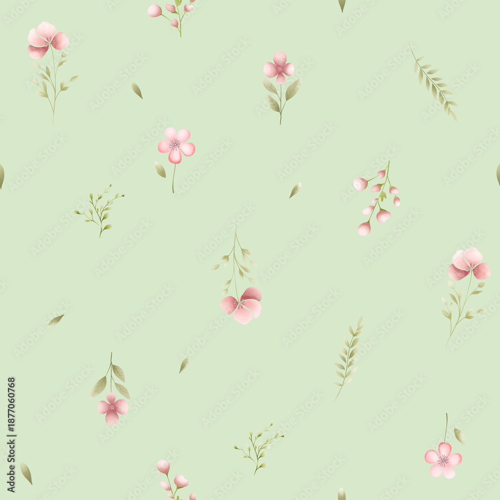 Fototapeta premium Soft Pink Floral Seamless Pattern on Light Green Background