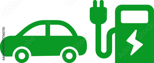 電気自動車とEV充電スタンドのアイコン 充電インフラとエコカーを表すイラスト（Electric Vehicle and EV Charging Station Icon – Eco Friendly Car Illustration）
