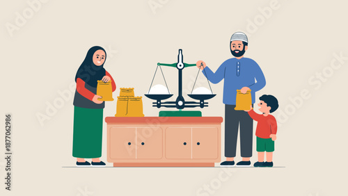 Family preparing Zakat Fitrah during Ramadhan, weighing and packing rice with a scale