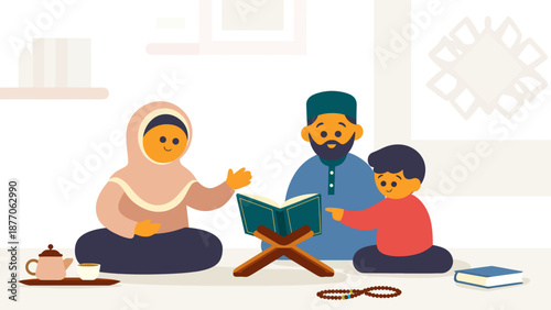 Family Ramadhan Qur’an Study Circle at Home with Father Leading Mother and Son 2