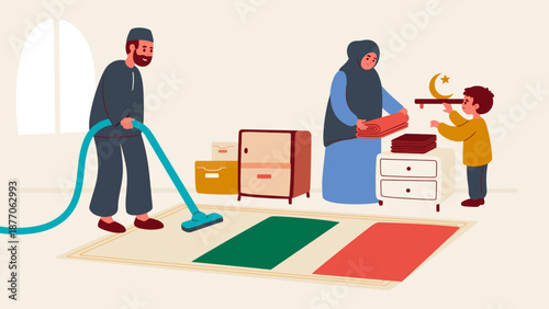 Cartoon illustration of family cleaning home for Ramadan with lantern light in cozy beige interior
